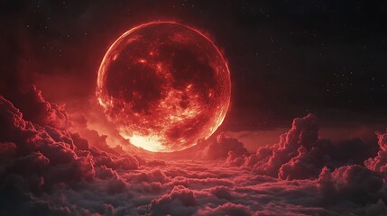 Glowing red moon ascends above dark forest trees at midnight image