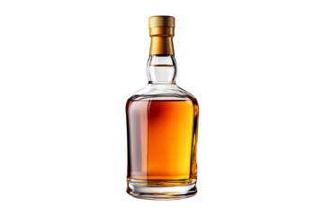 A full glass bottle of whisky Isolated on White and Transparent Background PNG Image.