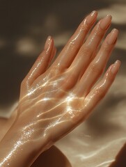 Fototapeta premium Woman hand showing golden glitter skin care product