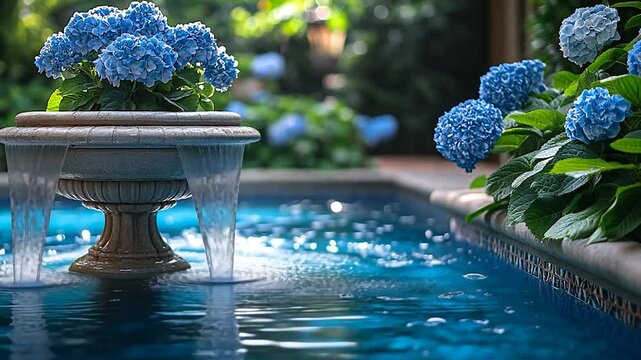 Tranquil garden scene featuring a fountain surrounded by blue hydrangeas