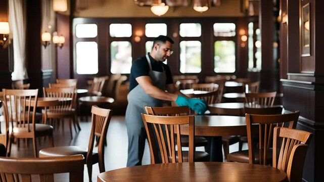 Waiter cleaning the table in a restaurant.