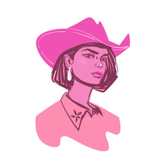 Modern cowgirl wearing hat, long bob hairstyle and earrings. Stylized western coquette aesthetic portrait.