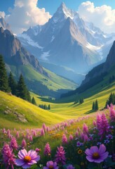Fototapeta premium breathtaking view majestic peaks surrounded vibrant wildflowers colorful scenic landscape, scenery, nature, greenery, meadow, forest, valley, mountains