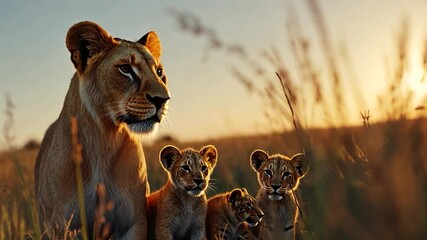 A lioness watches over her playful cubs in a golden savannah at sunset, symbolizing family