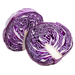 Obraz premium Sliced red cabbage displayed on a clean transparent surface highlighting its vibrant color and intricate internal patterns, Sliced red cabbage isolated on transparent background