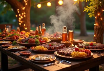 Fototapeta premium celestial grill showcasing succulent barbeque delights vibrant smoky inviting presentation, barbecue, grilling, smoke, flames, meat, skewers, seasoning