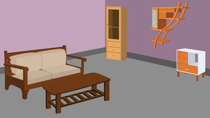 Obraz premium Drawing room indoor background vector illustration.A living room featuring a brown couch, a brown coffee table, and a wooden cabinet. 