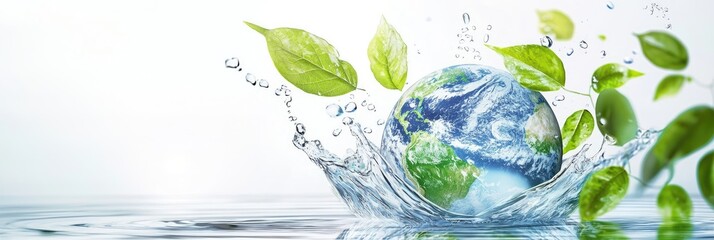 A clear Earth splashing in pure water with vibrant green leaves, symbolizing sustainability and clean water. Ideal for Earth Day, conservation, and eco-friendly projects