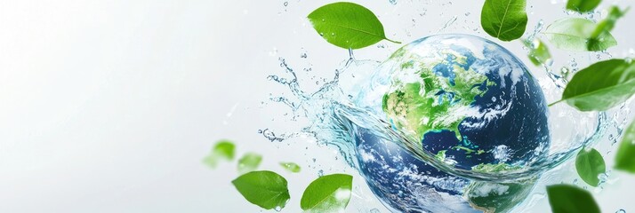 A crystal-clear Earth splashing in water with vibrant green leaves, symbolizing nature, sustainability, and conservation. Ideal for Earth Day, water awareness, and eco campaigns