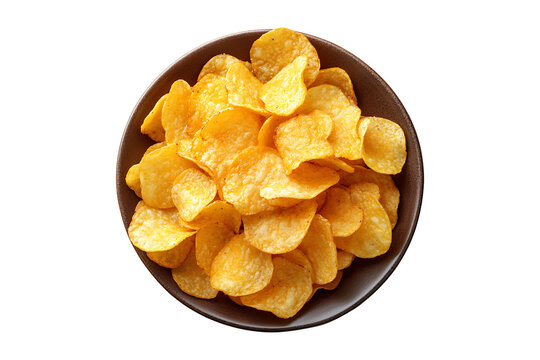 A plate with potato chips top view Isolated on White and Transparent Background PNG Image.