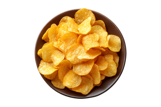 A plate with potato chips top view Isolated on White and Transparent Background PNG Image.