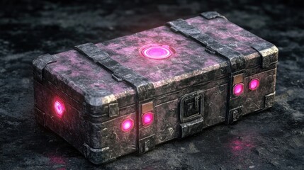 Obraz premium Rusty, glowing, military crate on dark floor