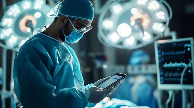 Modern operating room with a doctor using a tablet during surgery, high-contrast lighting and shallow depth create a focused, professional atmosphere.