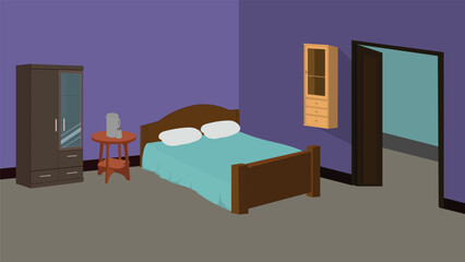 Indian village Living room indoor background vector illustration. A bedroom with a bed, nightstand, and dresser. 