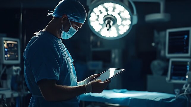 Modern operating room with a doctor using a tablet during surgery, high-contrast lighting and shallow depth create a focused, professional atmosphere.