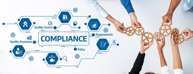 This image illustrates teamwork with hands uniting gears to signify compliance in a professional...