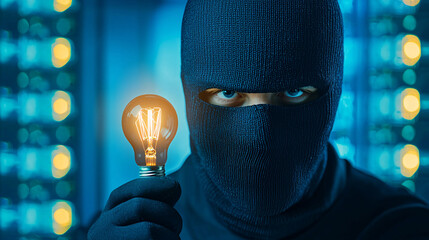 Masked Figure Stealing an Idea Lightbulb Held in a Dark Cyberpunk Background with Ominous Eyes
