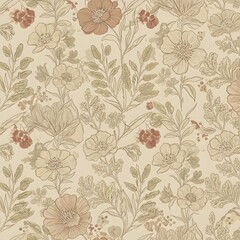 Delicate hand-drawn floral seamless pattern in muted earthy tones. Seamless Patterns