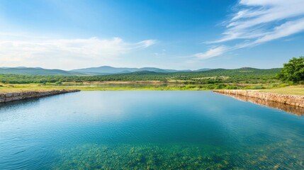 Serene Mountain Lake with Clear Water and Lush Green Landscape