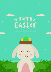 Obraz premium Easter bunny with nest full of colorful eggs on its head. Cute rabbit illustration poster template standing on beautiful meadow and sky