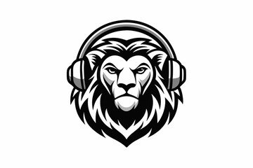 lion with headphone logo icon line art silhouette vector illustration
