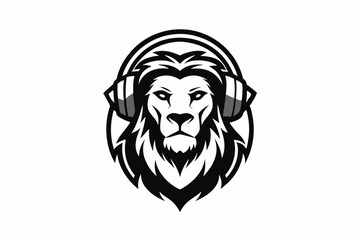 lion with headphone logo icon line art silhouette vector illustration
