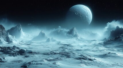 Frozen alien planet surface with mountains and big moon at night