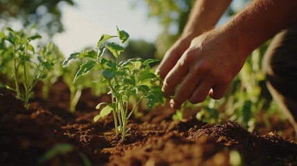 Fototapeta premium Farmer tending to organic crops on an organic farm with vibrant green plants and rich brown soil.