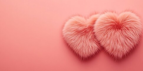 Two fluffy cat hearts on a pink background, ideal for Valentine's Day. Minimalist design with space for text, featuring a sunny, feminine aesthetic.