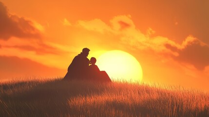 Fototapeta premium Silhouetted Couple Sits at Sunset Meadow