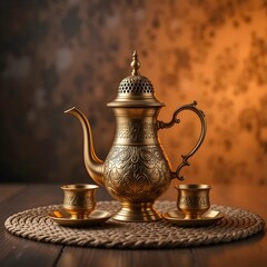 Golden Tea Ritual: An exquisite, golden tea set, featuring an intricately designed teapot and matching cups, rests on a woven mat against a warm, textured backdrop. Ai generated image