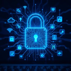 Obraz premium Cyber Security Icon: A glowing, high-tech lock icon, intricately designed with circuits, symbolizes digital security and data protection in the modern world. Ai generated image