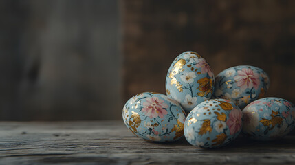Five delicately decorated Easter eggs in pastel blue with gold accents and floral patterns rest on a rustic wooden surface.  A dark, blurred background provides contrast.