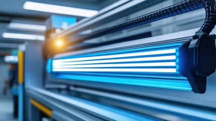 Blue Illuminated Industrial Equipment with LED Lighting in a Modern Manufacturing Facility