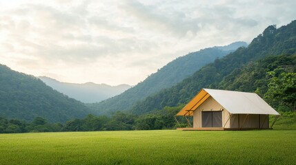 Fototapeta premium Peaceful Glamping Tent in Scenic Mountain Landscape at Sunrise