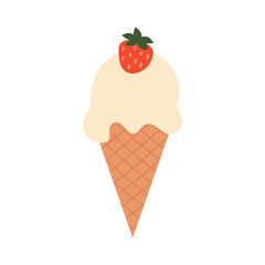 vanillia ice cream in a waffle cone with strawberry- vector illustration