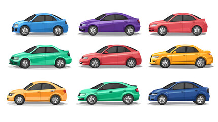Vibrant Colorful Sedan Cars Isolated on White Background - Vector Cartoon Illustration for Automotive Industry Marketing Materials