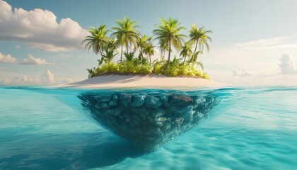 Cross Section Of A Tropical Island Beach With Crystal Clear Waters And Lush Palm Trees - A Unique Travel Experience.