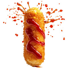 A Deep Fried Corn Dog with Ketchup and Mustard Splashed Isolated on Transparent Background