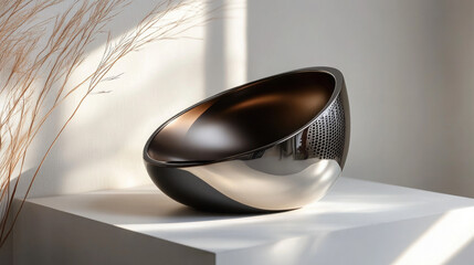 Obraz premium Minimalist Elegance: Modern Metallic Bowl with Reflective Surface on a White Surface and Dried Plants