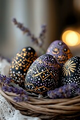 Fototapeta premium Decorated black Easter eggs with golden and white dot patterns in wicker basket with dried lavender sprigs. Soft bokeh background creates magical holiday atmosphere.