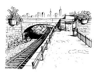 railway tracks passing under bridge near city, hand drawn vintage engraving