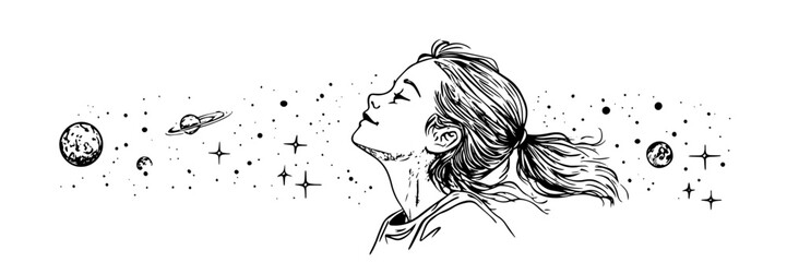 Fototapeta premium woman dreaming with cosmic elements, hand drawn vintage engraving