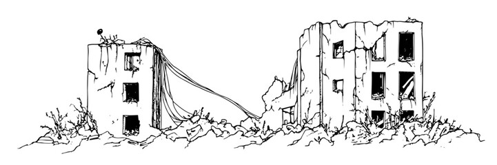 collapsed buildings in ruins, hand drawn vintage engraving