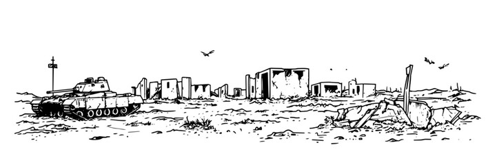 Fototapeta premium war-torn city with destroyed buildings and tank, hand drawn vintage engraving