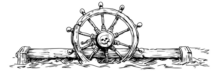 Obraz premium ship wheel floating on water, hand drawn vintage engraving