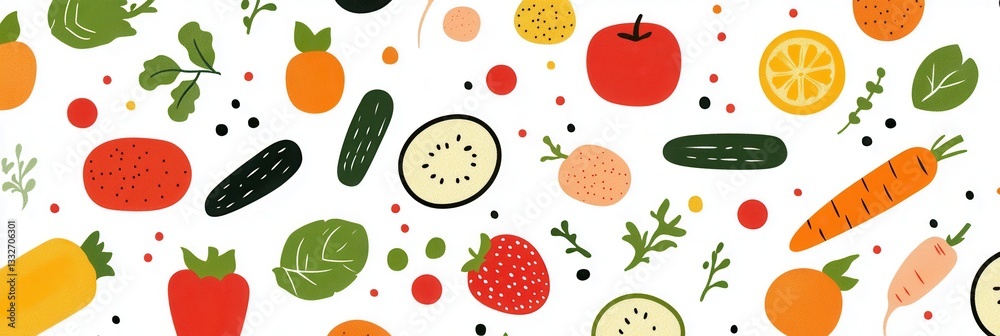 Leinwandbilder bright and colorful seamless pattern featuring fresh vegetables and fruits in modern flat style for 
