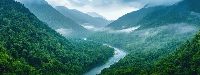 Serene River Flowing Through Lush Green Valley in Scenic Landscape