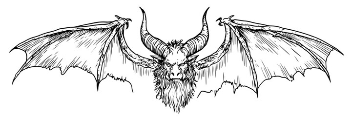 Fototapeta premium demonic bat-winged creature illustration doodle black vector ink sketch