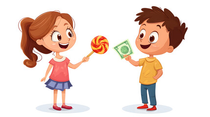 Cute Cartoon Girl Offering Boy Money for Lollipop Isolated on White Background